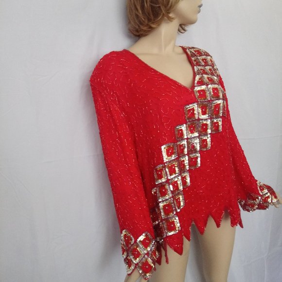RAMBOB FASHION 3X  ALL SEQUIN BEADED TOP 100% SILK - Picture 2 of 9